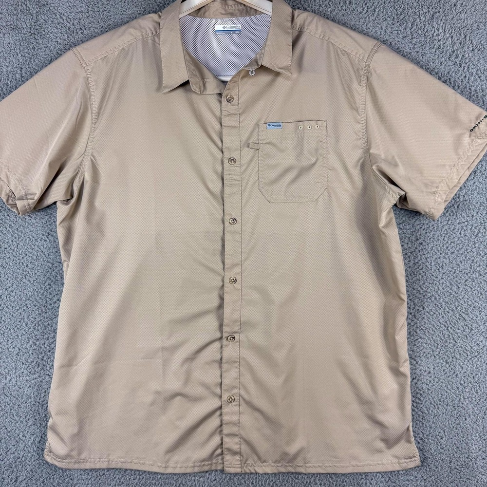 Columbia PFG Shirt Mens 2XL Tan Omni-Shade Short Sleeve Vented Fishing Outdoors